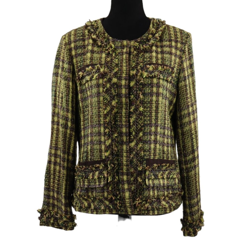 Chico's Green Brown Tweed Sparkle Chain Detail Jacket Blazer Womens Sz 1 (Med/8)